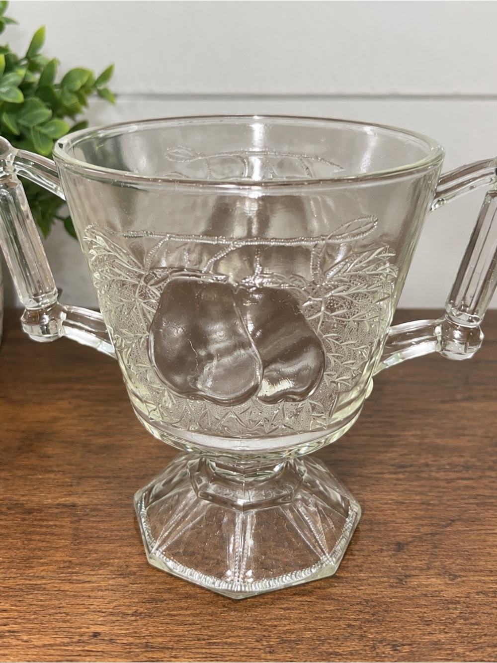 Vintage Clear Pressed Glass Pear Fruit Double Handle Pedestal Bowl / Sugar Bowl